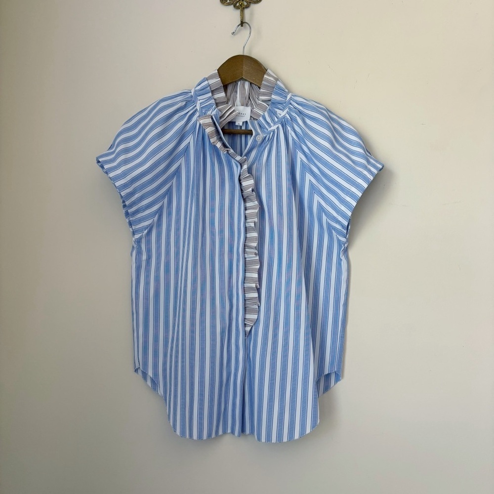 Sundays Leah Blue Italian Stripe Ruffle Button Down Shirt XS Preppy Classic